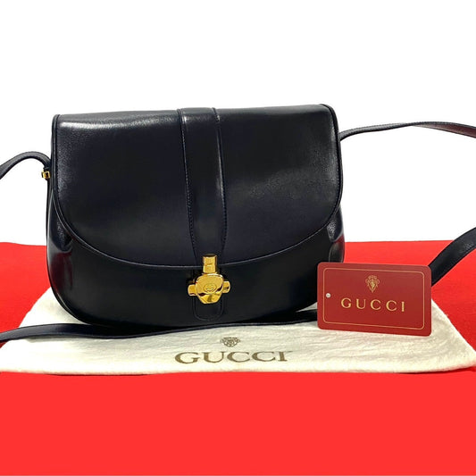 GUCCI Shoulder Bag Calfskin, Leather Navy GG logo Metal Women Used Authentic