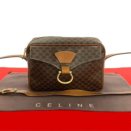 CELINE Shoulder Bag Leather, PVC Brown Macadam Blason Triomphe Pattern Women Used Authentic