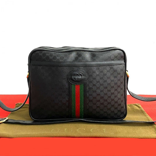 GUCCI Shoulder Bag leather black Micro GG Sherry line Old Gucci Women Used Authentic