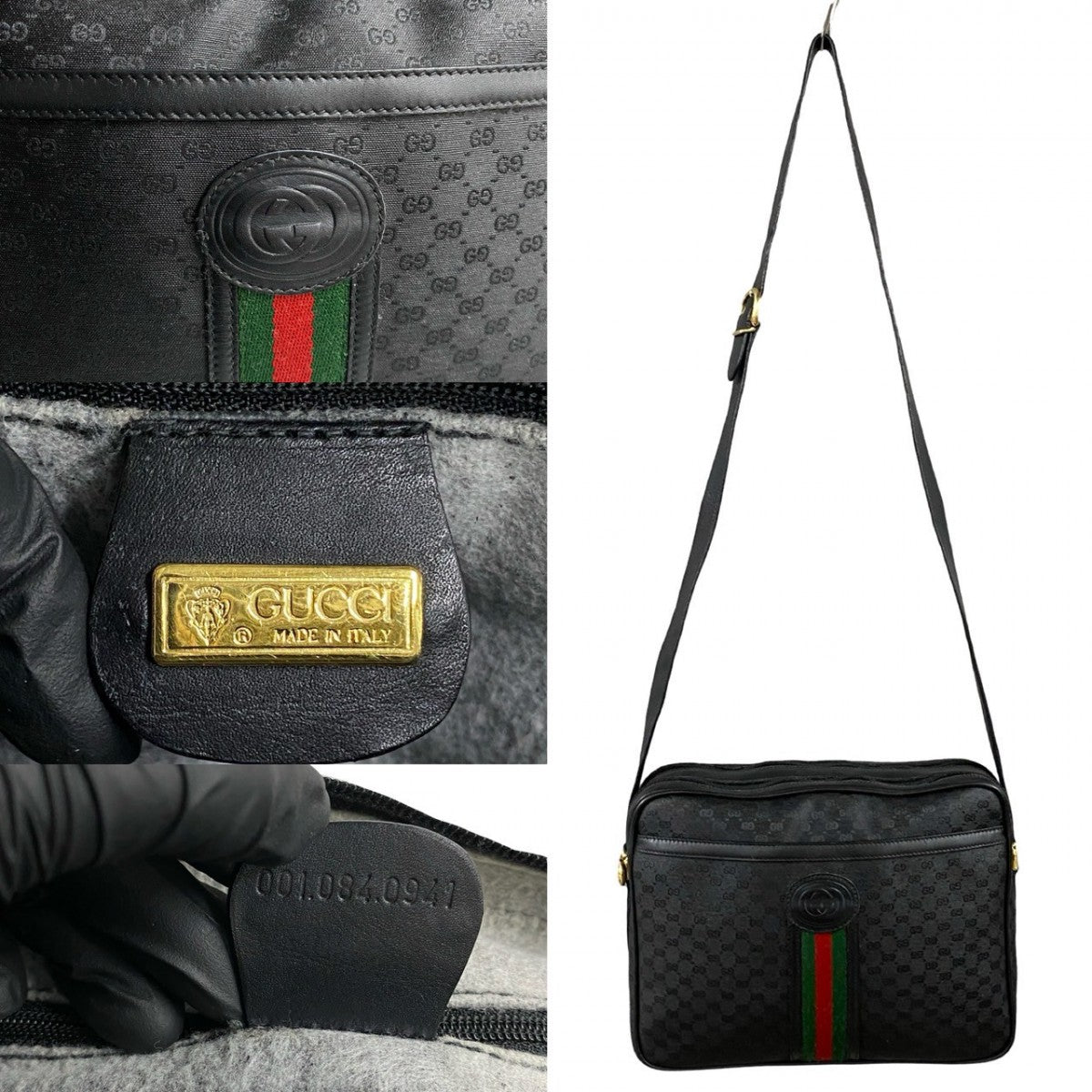 GUCCI Shoulder Bag leather black Micro GG Sherry line Old Gucci Women Used Authentic