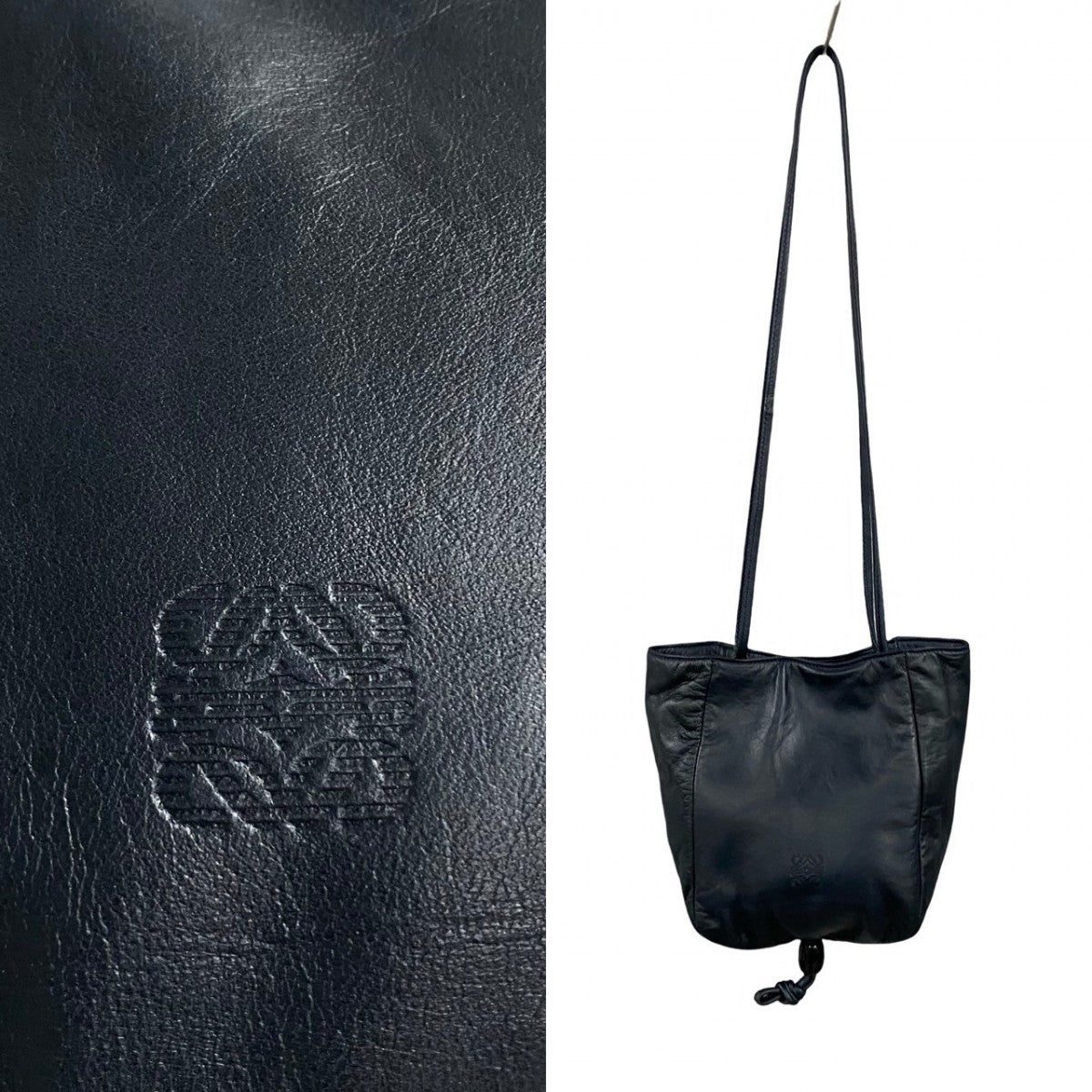 LOEWE Shoulder Bag leather Navy Anagram logo Women Used Authentic