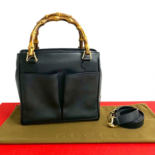 GUCCI Handbag leather Navy Bamboo Women Used Authentic