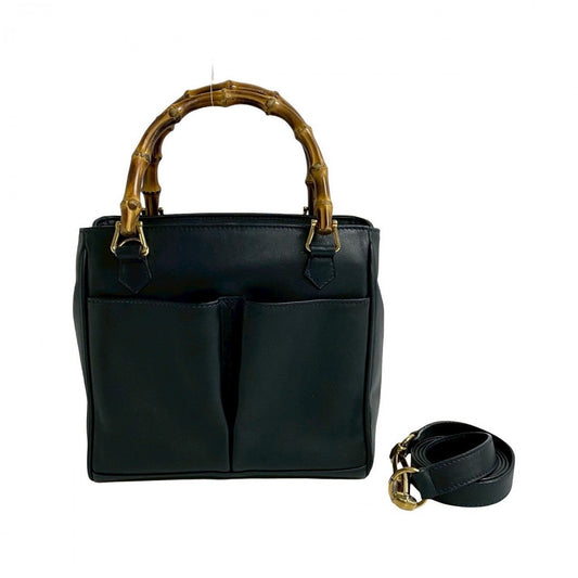 GUCCI Handbag leather Navy Bamboo Women Used Authentic