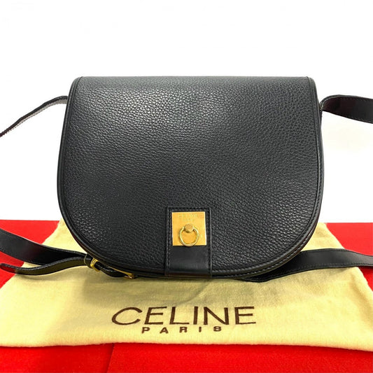 CELINE Shoulder Bag leather black logo ring Metal Women Used Authentic