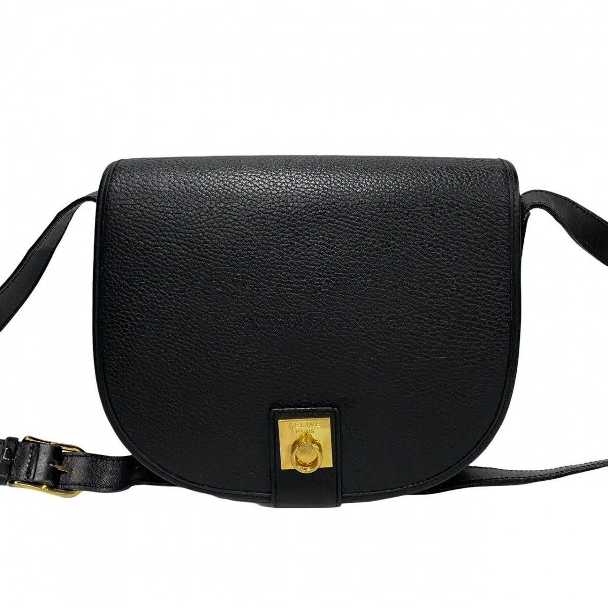 CELINE Shoulder Bag leather black logo ring Metal Women Used Authentic