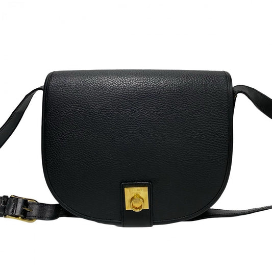 CELINE Shoulder Bag leather black logo ring Metal Women Used Authentic