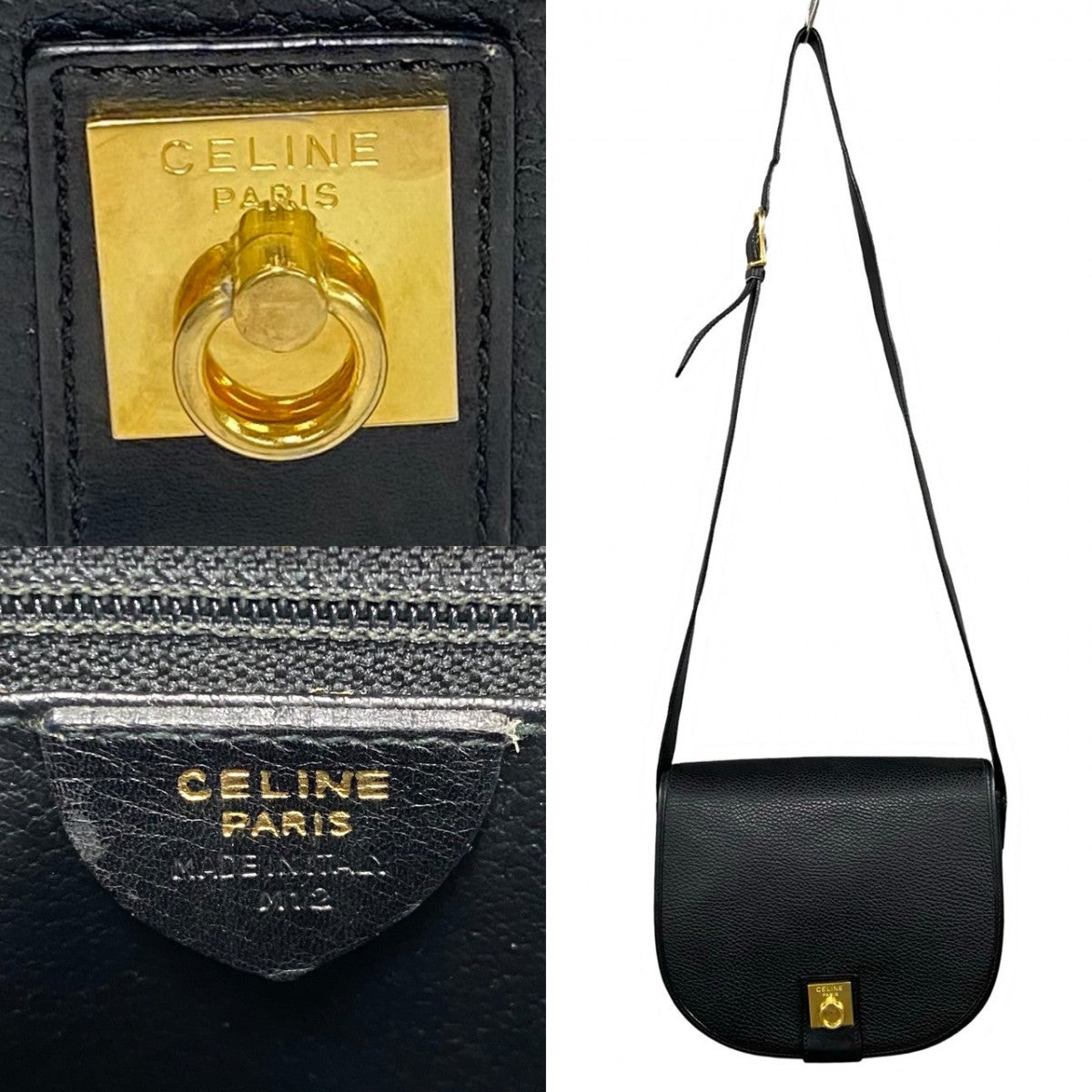 CELINE Shoulder Bag leather black logo ring Metal Women Used Authentic
