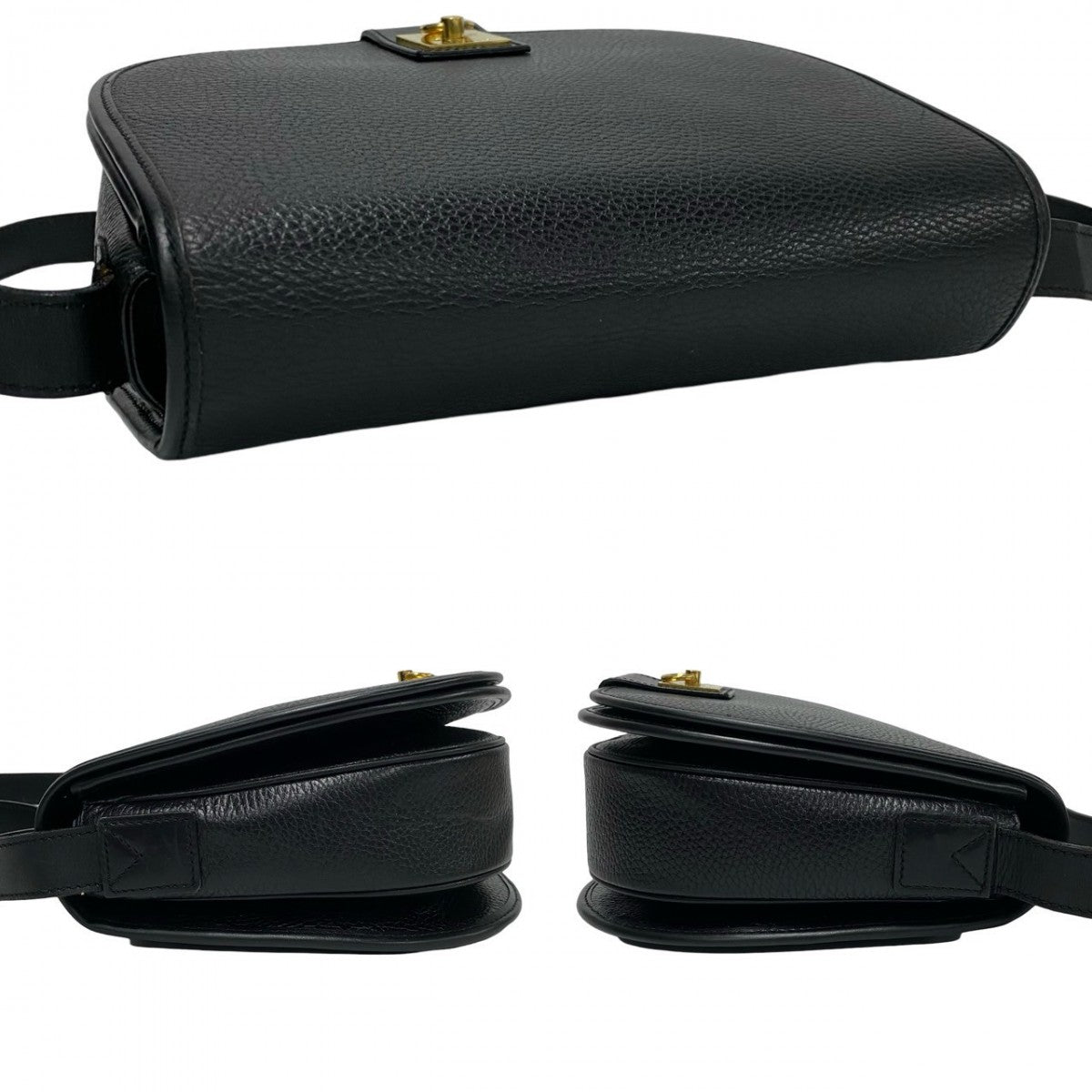 CELINE Shoulder Bag leather black logo ring Metal Women Used Authentic