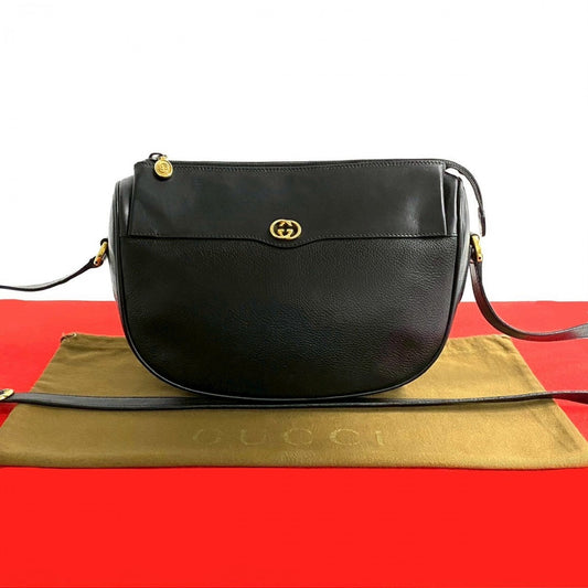 GUCCI Shoulder Bag leather black GG logo Metal Women Used Authentic