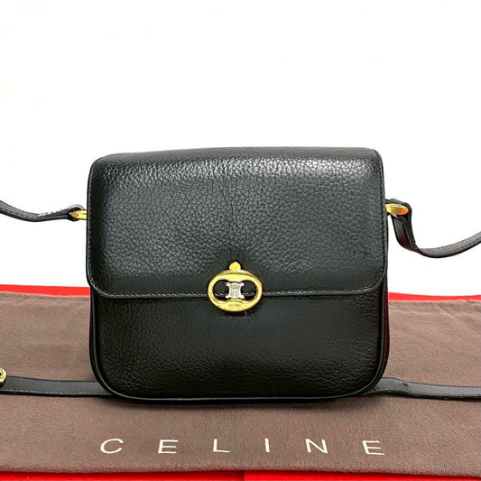 CELINE Shoulder Bag leather black Triomphe logo Metal Women Used Authentic