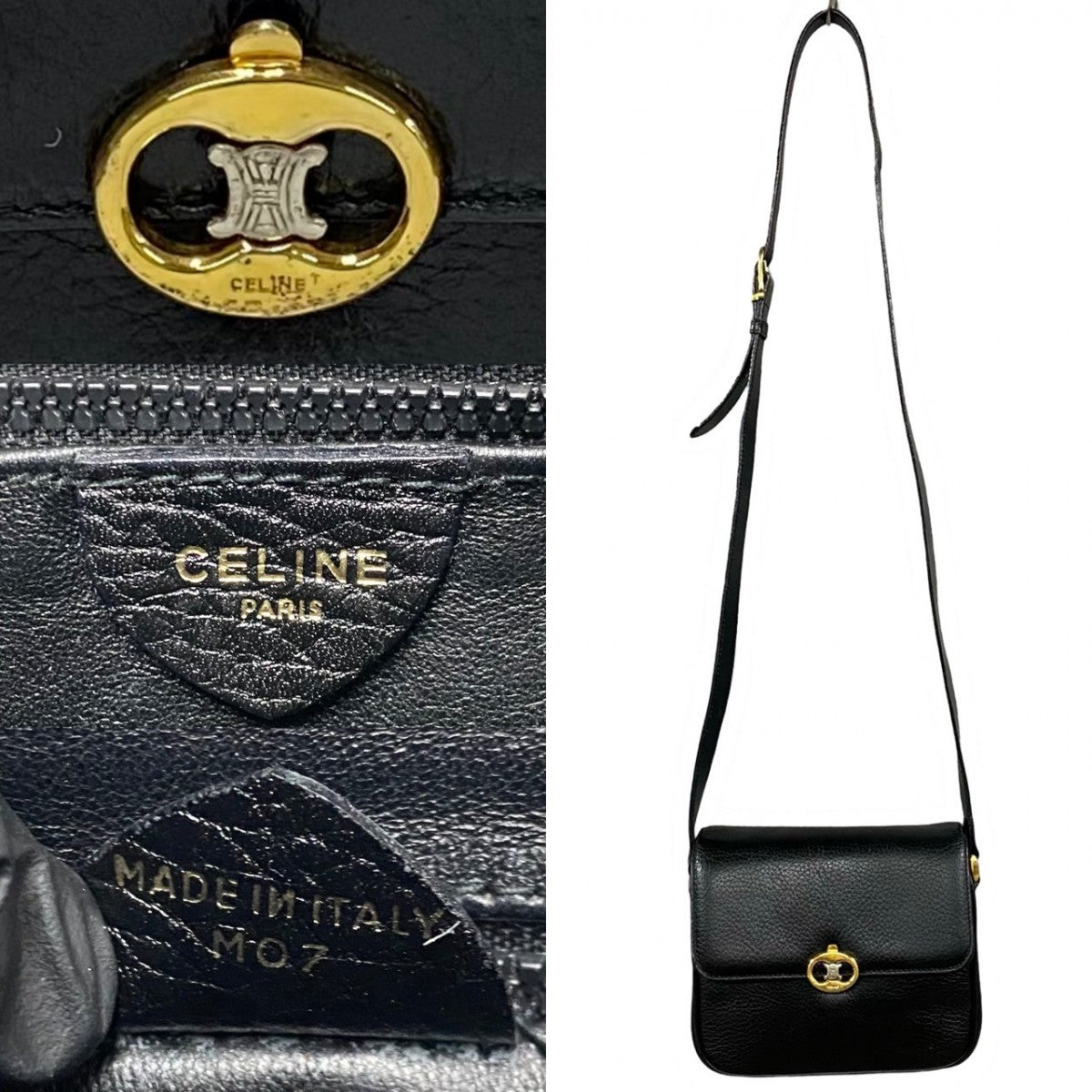 CELINE Shoulder Bag leather black Triomphe logo Metal Women Used Authentic