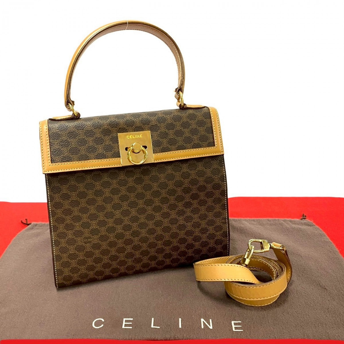 CELINE Shoulder Bag Leather, PVC Brown Macadam Blason Triomphe Pattern logo ring Metal Women Used Authentic