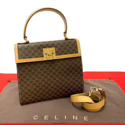 CELINE Shoulder Bag Leather, PVC Brown Macadam Blason Triomphe Pattern logo ring Metal Women Used Authentic