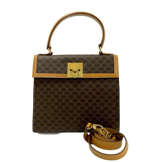 CELINE Shoulder Bag Leather, PVC Brown Macadam Blason Triomphe Pattern logo ring Metal Women Used Authentic