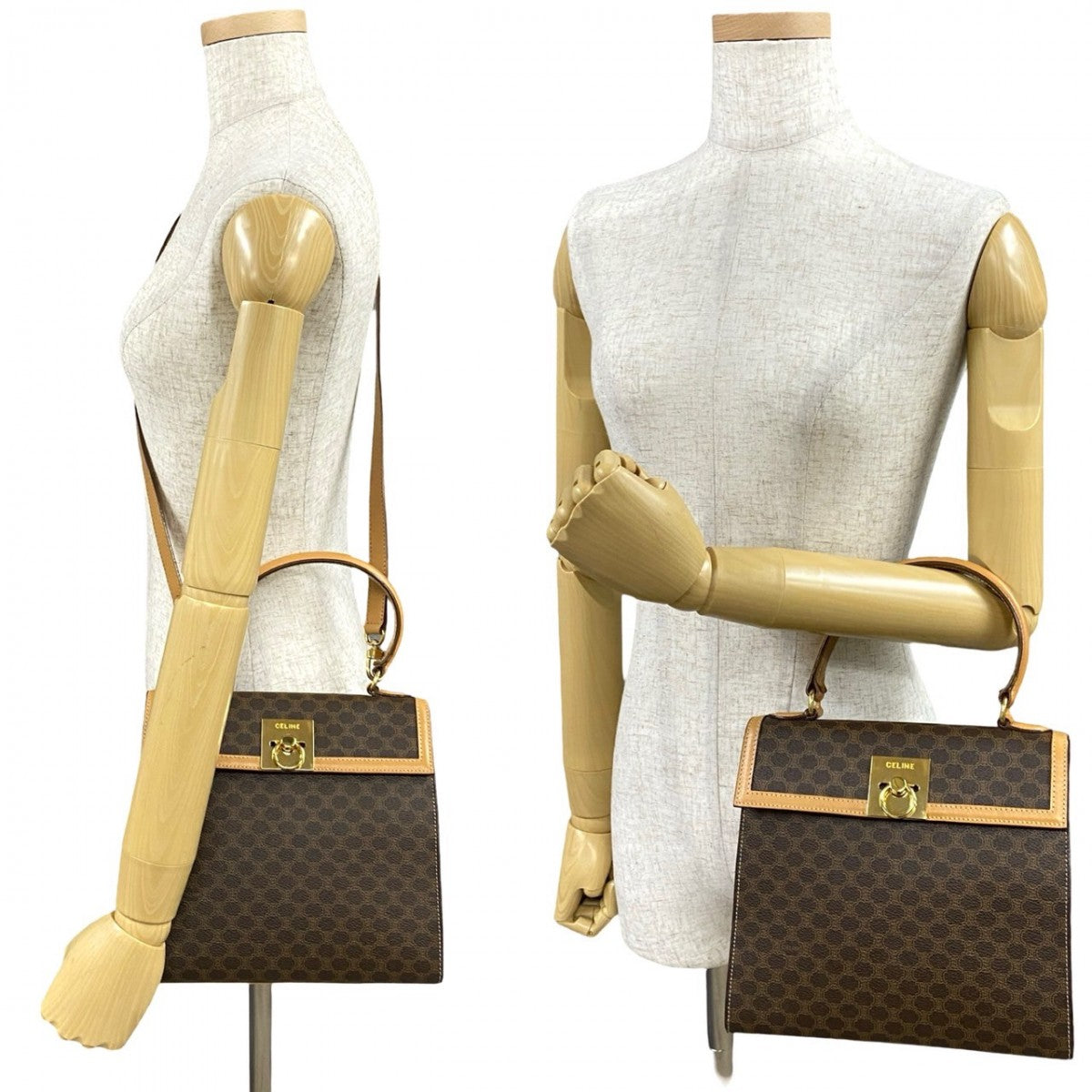 CELINE Shoulder Bag Leather, PVC Brown Macadam Blason Triomphe Pattern logo ring Metal Women Used Authentic
