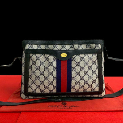 GUCCI Shoulder Bag Leather, PVC Navy Old Gucci GG logoMetal Sherry line Women Used Authentic