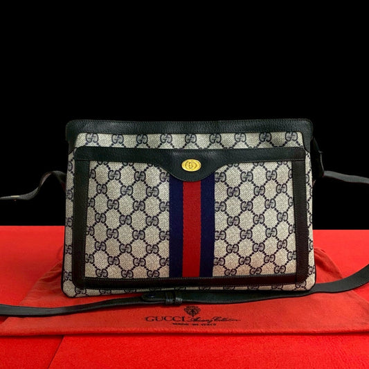 GUCCI Shoulder Bag Leather, PVC Navy Old Gucci GG logoMetal Sherry line Women Used Authentic