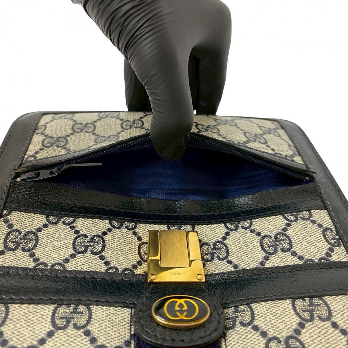 GUCCI Shoulder Bag Leather, PVC Navy GG logo Metal Sherry line Women Used Authentic
