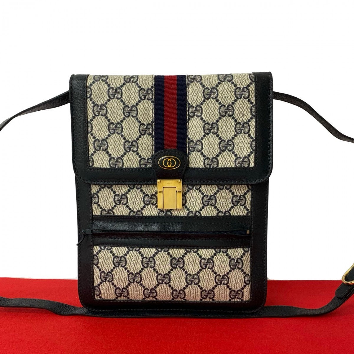 GUCCI Shoulder Bag Leather, PVC Navy GG logo Metal Sherry line Women Used Authentic