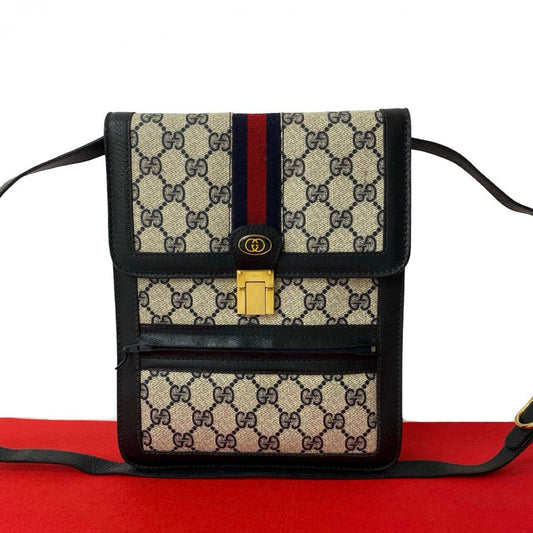 GUCCI Shoulder Bag Leather, PVC Navy GG logo Metal Sherry line Women Used Authentic