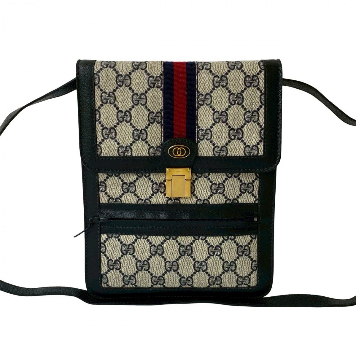 GUCCI Shoulder Bag Leather, PVC Navy GG logo Metal Sherry line Women Used Authentic