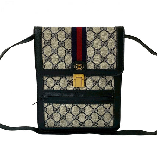 GUCCI Shoulder Bag Leather, PVC Navy GG logo Metal Sherry line Women Used Authentic