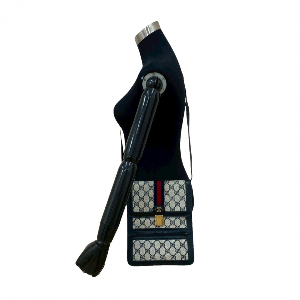 GUCCI Shoulder Bag Leather, PVC Navy GG logo Metal Sherry line Women Used Authentic