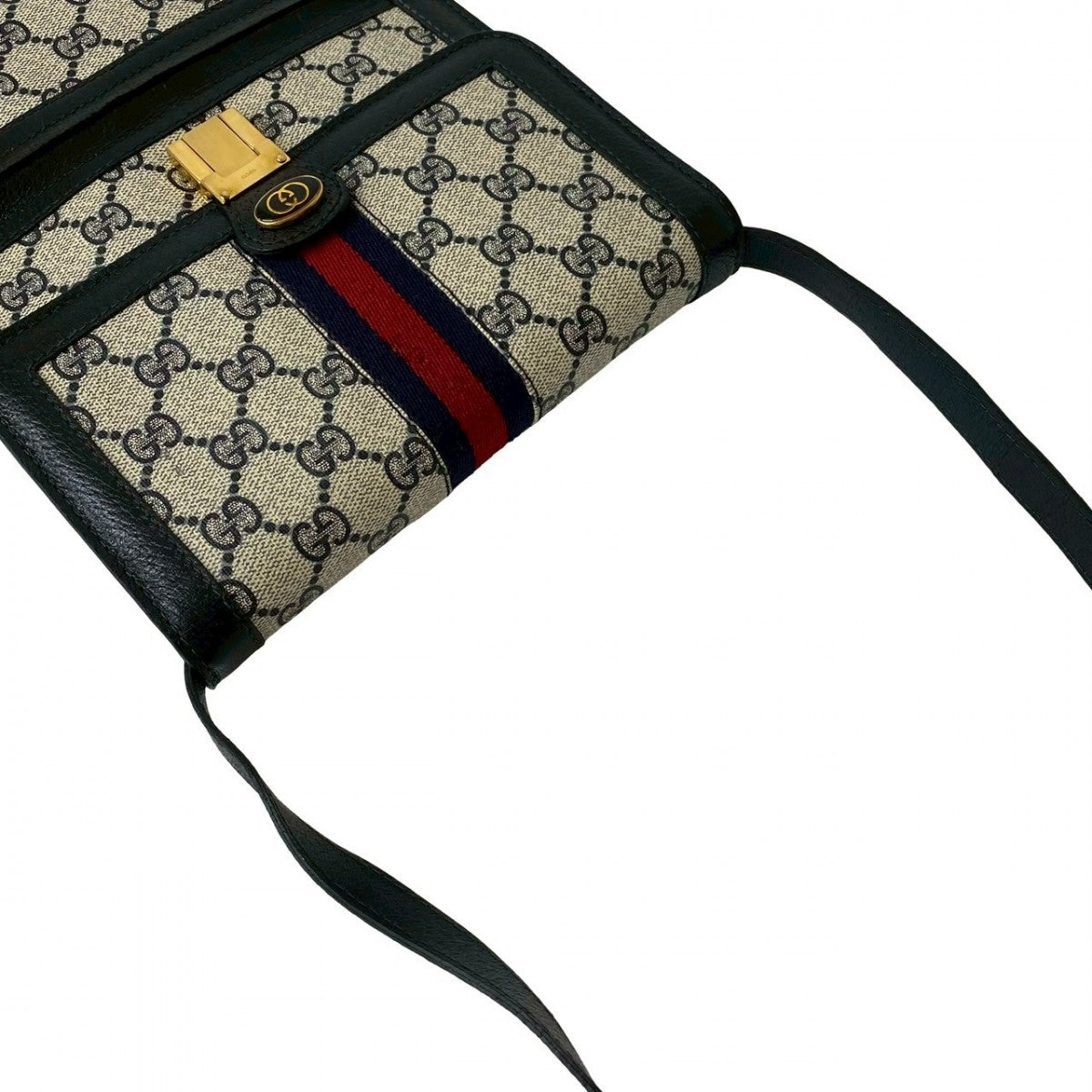 GUCCI Shoulder Bag Leather, PVC Navy GG logo Metal Sherry line Women Used Authentic