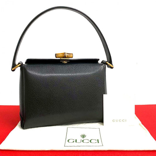 GUCCI Handbag leather black Turn lock Bamboo Women Used Authentic