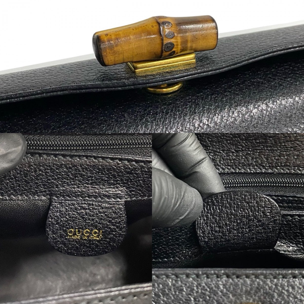 GUCCI Handbag leather black Turn lock Bamboo Women Used Authentic
