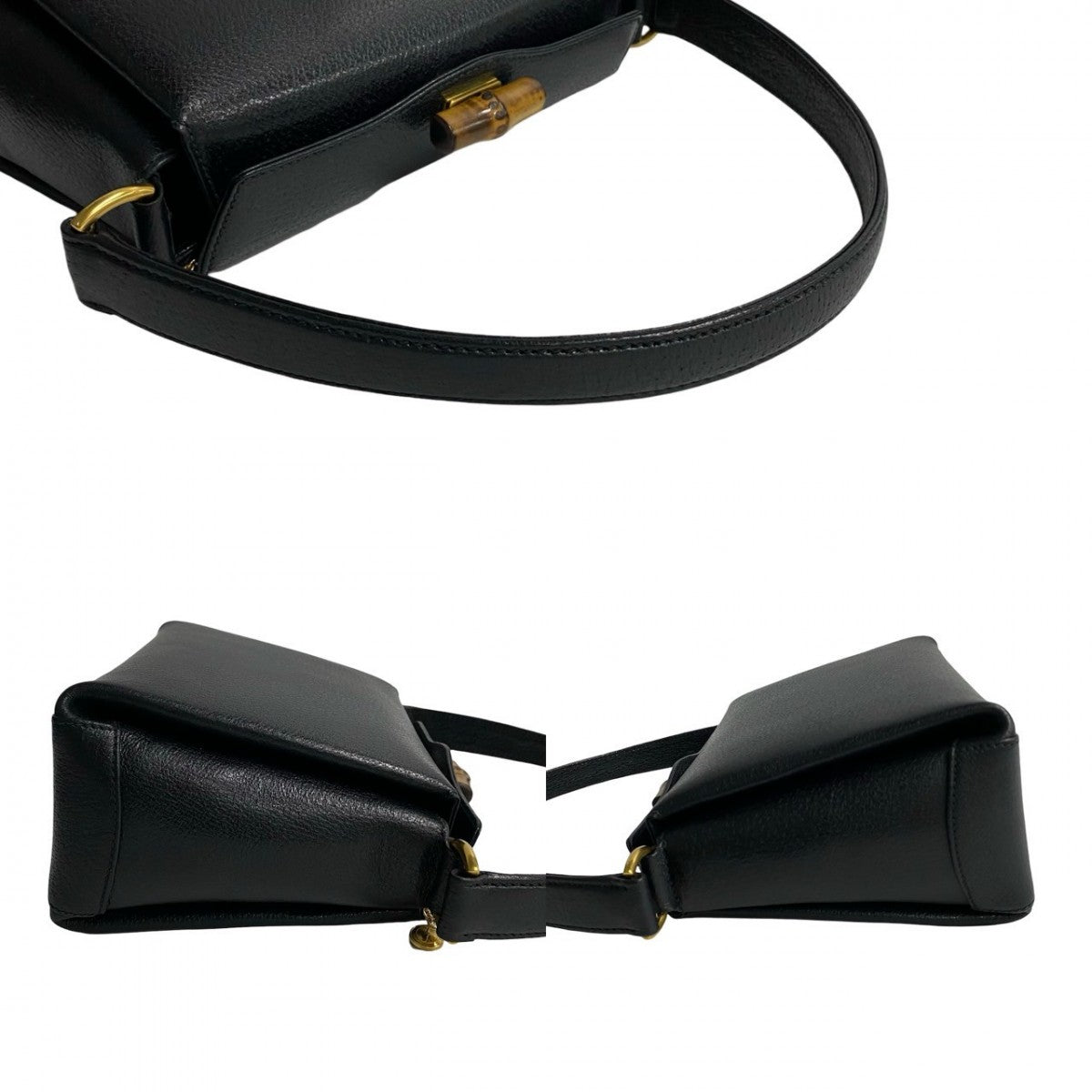 GUCCI Handbag leather black Turn lock Bamboo Women Used Authentic
