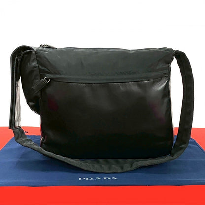 PRADA Shoulder Bag leather black logo mens Used Authentic