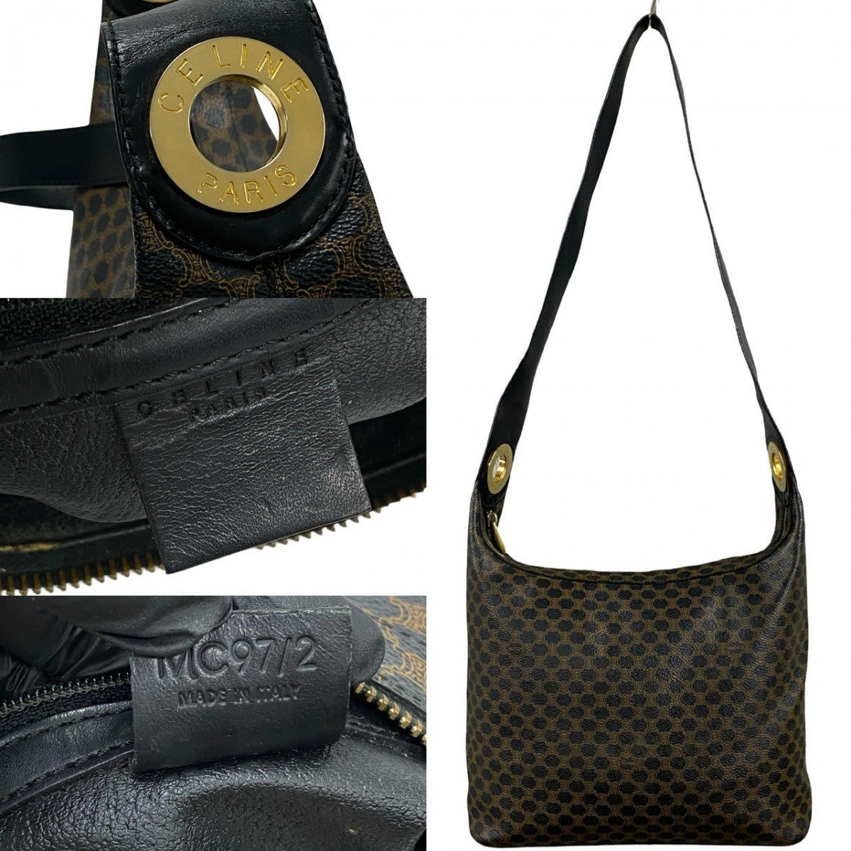 CELINE Shoulder Bag Leather, PVC black Macadam Blazon Triomphe Pattern Circle Logo Metal Women Used Authentic