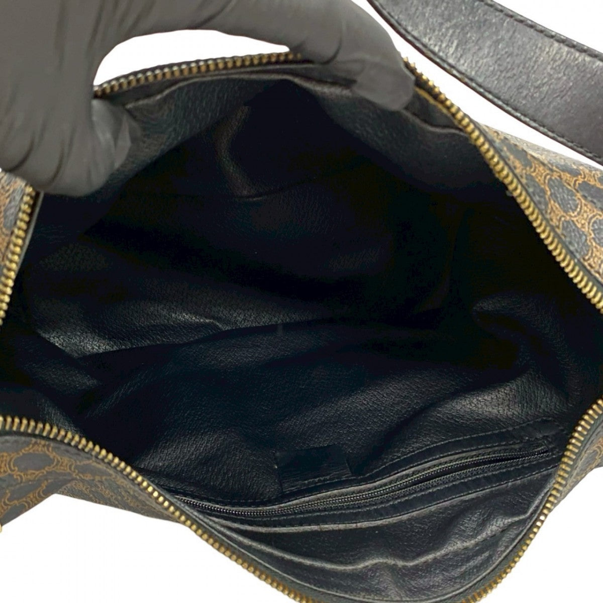 CELINE Shoulder Bag Leather, PVC black Macadam Blazon Triomphe Pattern Circle Logo Metal Women Used Authentic