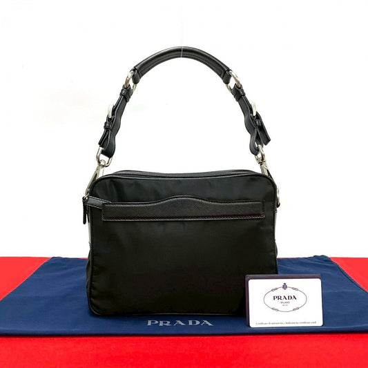 PRADA Shoulder Bag Leather, Nylon black Triangle Logo Metal Women Used Authentic