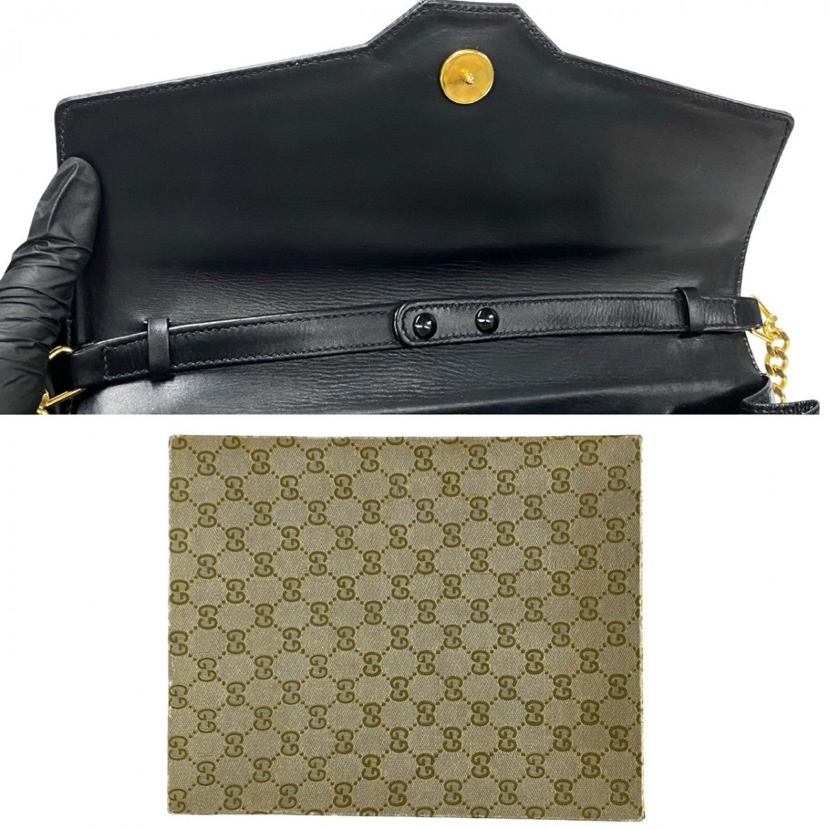 GUCCI Shoulder Bag leather black GG logoMetal Sherry line Women Used Authentic
