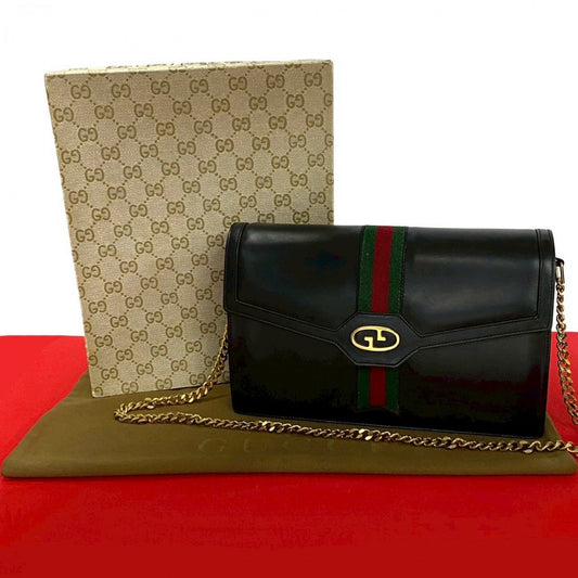 GUCCI Shoulder Bag leather black GG logoMetal Sherry line Women Used Authentic