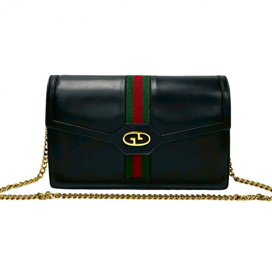GUCCI Shoulder Bag leather black GG logoMetal Sherry line Women Used Authentic