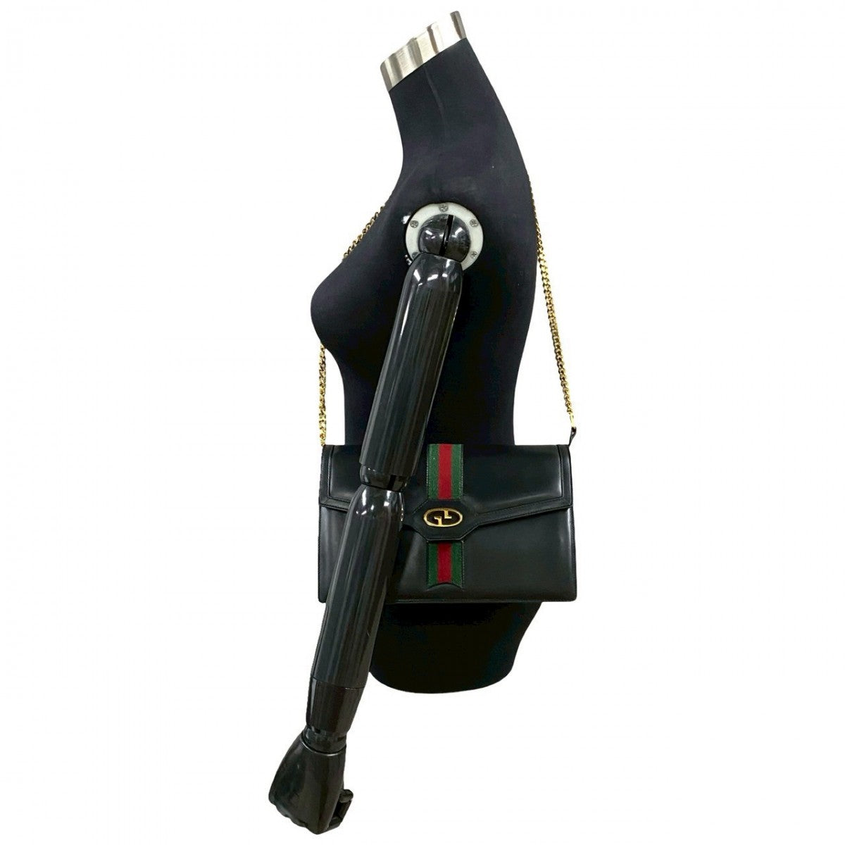 GUCCI Shoulder Bag leather black GG logoMetal Sherry line Women Used Authentic