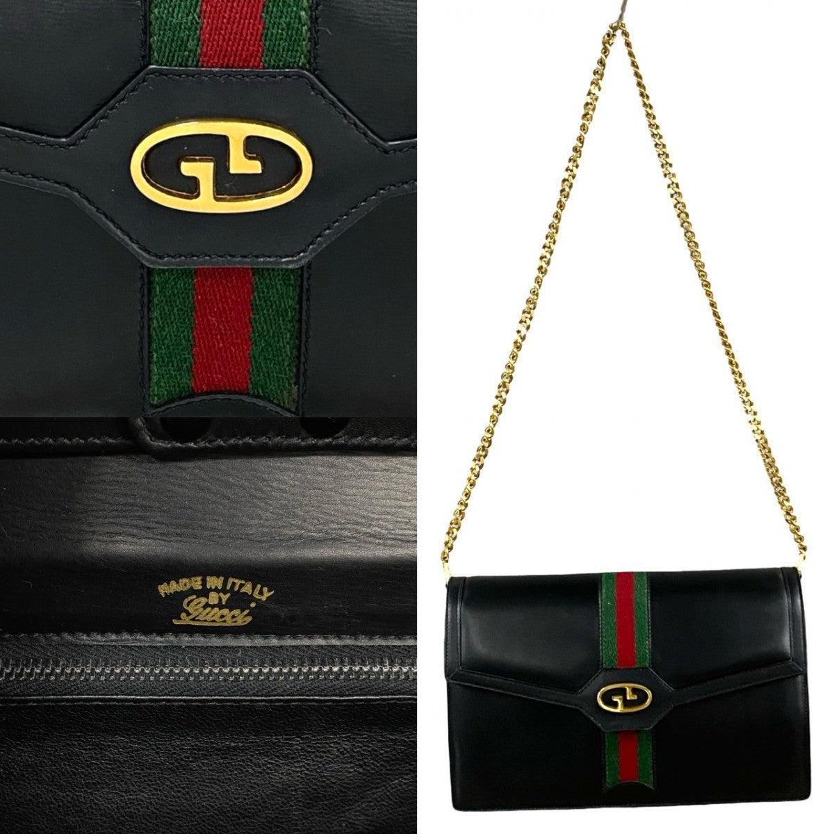 GUCCI Shoulder Bag leather black GG logoMetal Sherry line Women Used Authentic
