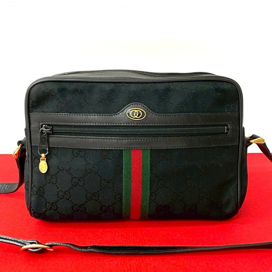 GUCCI Shoulder Bag Canvas, Leather black GG logo Metal Sherry line Women Used Authentic