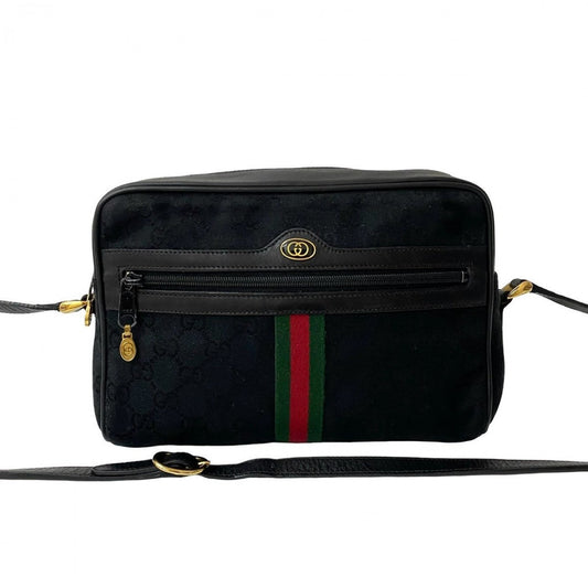 GUCCI Shoulder Bag Canvas, Leather black GG logo Metal Sherry line Women Used Authentic