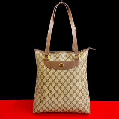 GUCCI Tote Bag Leather, PVC Brown GG logo Metal Women Used Authentic