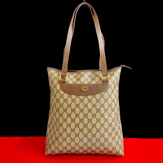 GUCCI Tote Bag Leather, PVC Brown GG logo Metal Women Used Authentic