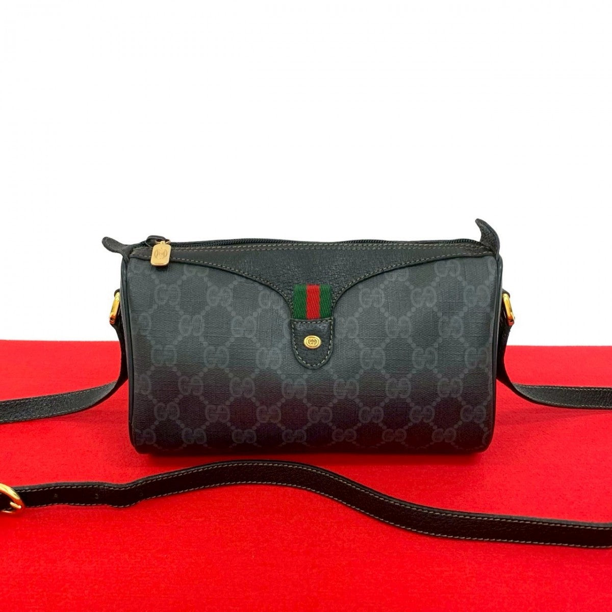 GUCCI Shoulder Bag Leather, PVC black GG logo Pattern Sherry line Women Used Authentic