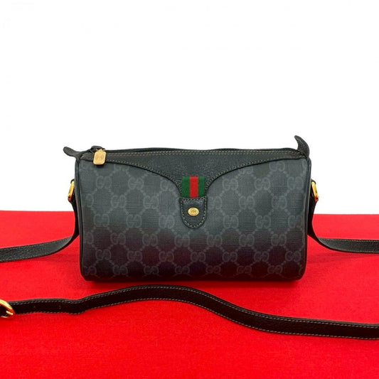 GUCCI Shoulder Bag Leather, PVC black GG logo Pattern Sherry line Women Used Authentic