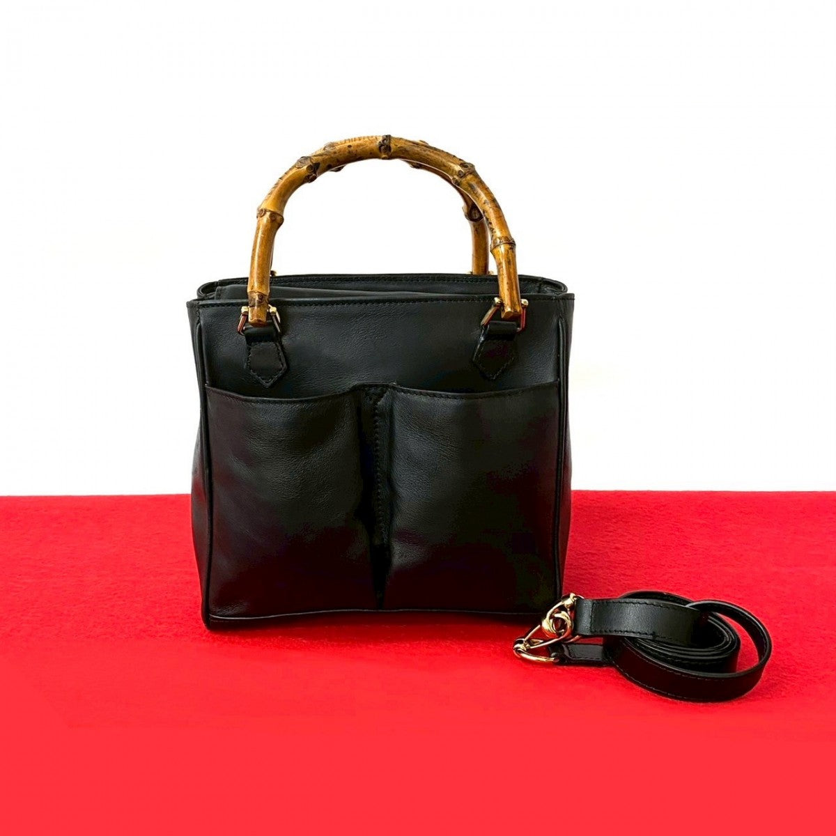 GUCCI Shoulder Bag leather black Bamboo