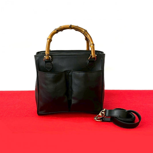 GUCCI Shoulder Bag leather black Bamboo