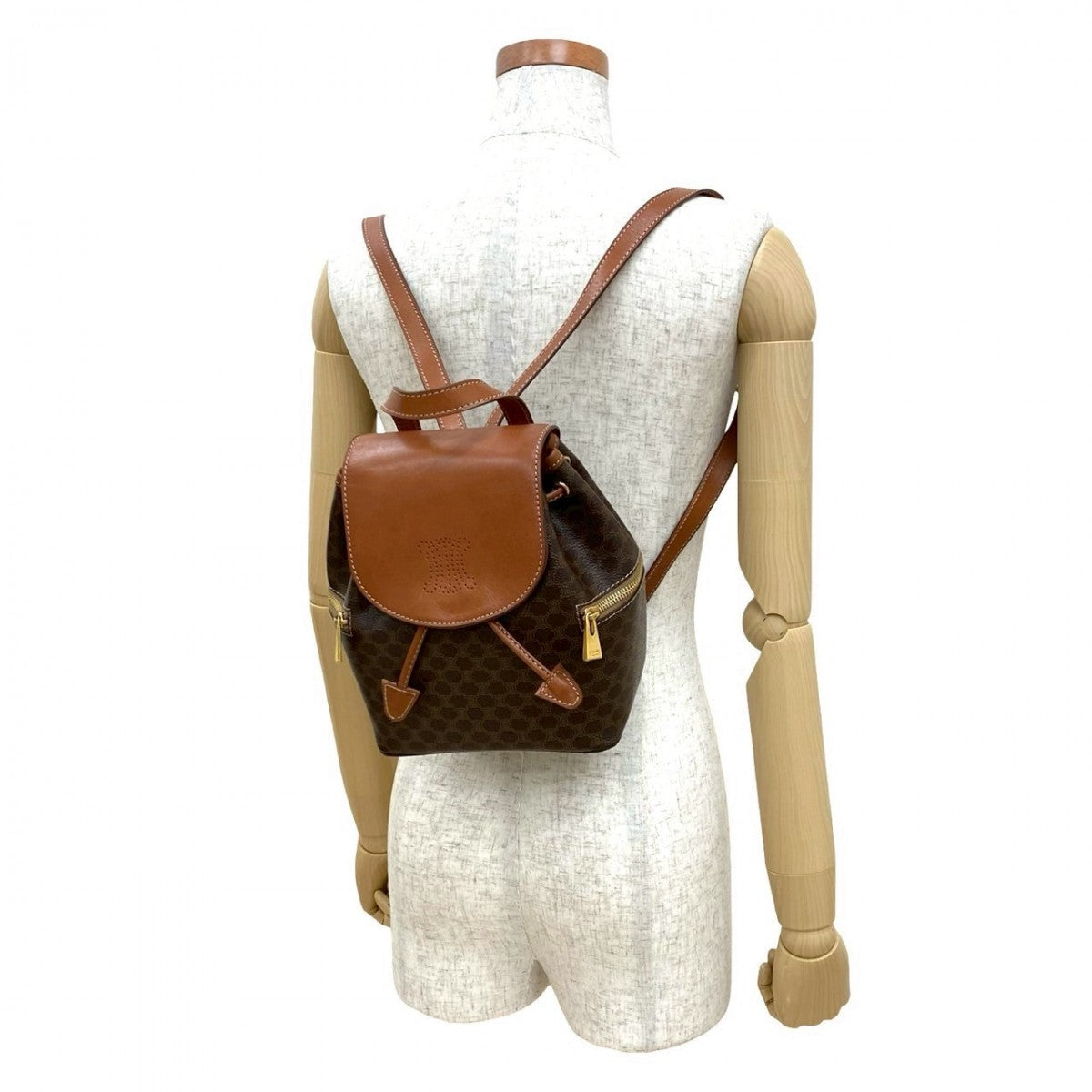 CELINE Backpack Leather, PVC Brown Macadam Blason Triomphe Pattern Women Used Authentic