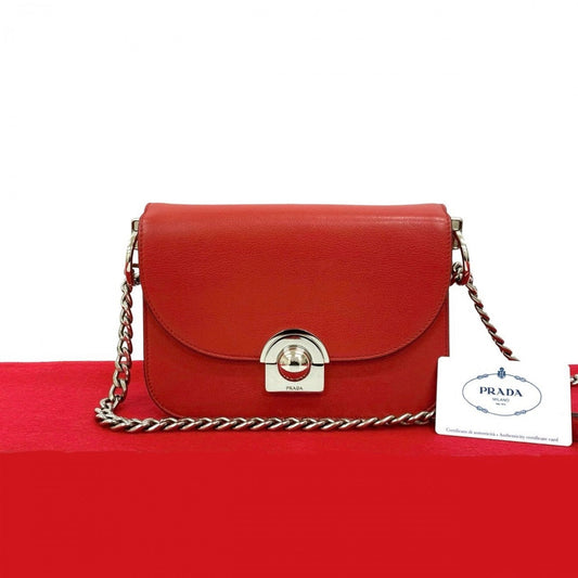 PRADA Shoulder Bag leather Red logo Metal Women Used Authentic